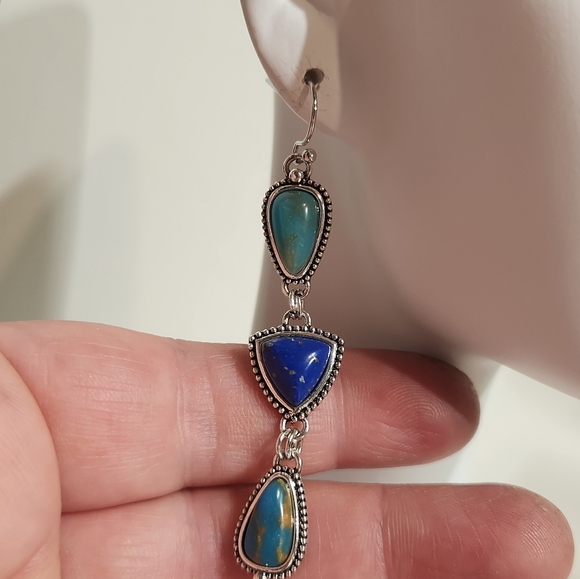 Silver Plated With Lapis Lazuli & Turquoise Dangle Earrings - Picture 10 of 11